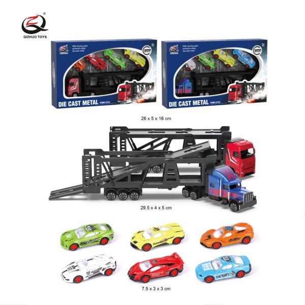 QZ634-B     1:64 Diecast  Truck Carrying 4 Pcs Of  Alloy Cars ( 4 Random Styles From The 6 Styles)  ), 2 Assorted , All Free Wheel