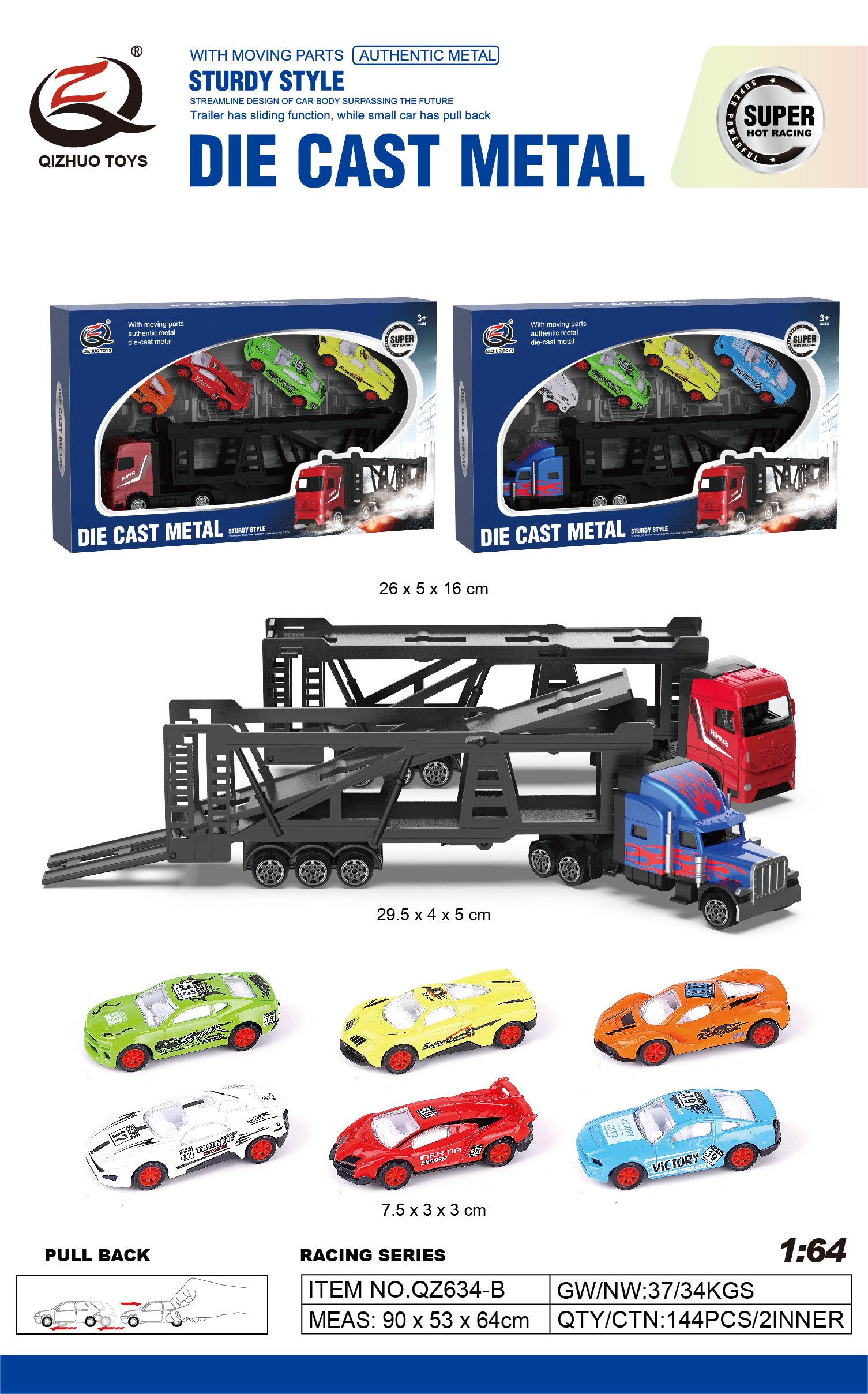 QZ634-B Scale1:64 Die Cast Truck And 4 PCS Die Cast Cars, Free wheel, 2 Assortment