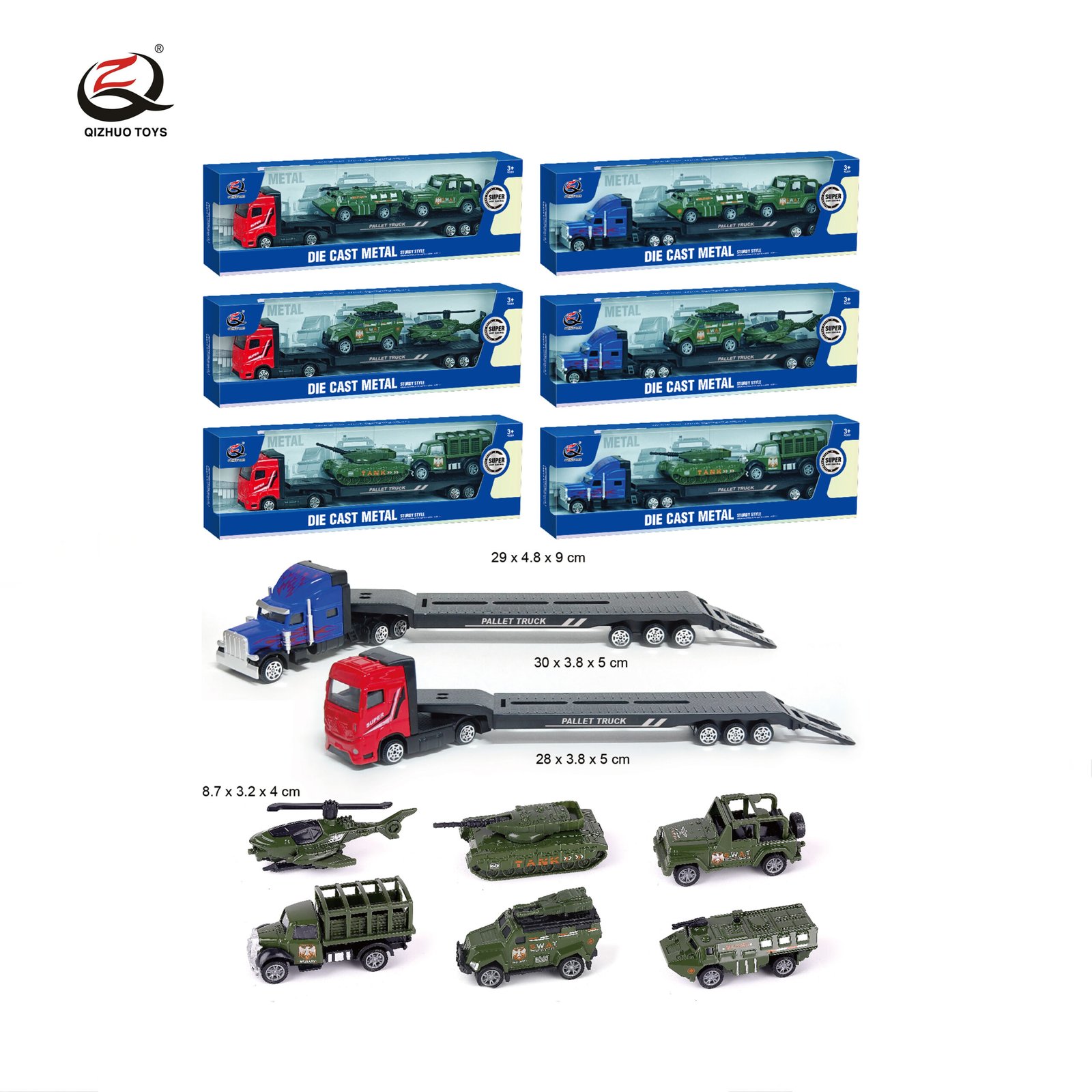 QZ635-A 1:64 Military Series Diecast Truck Carrying 2 Pcs Of Alloy Cars, 6 Assorted , All Free Wheel