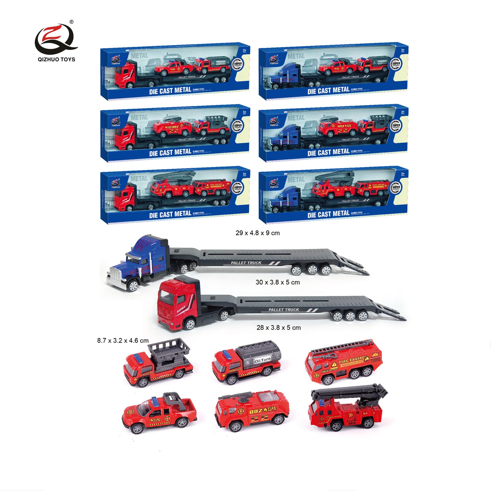 QZ635-B 1:64 Fire Series Diecast Truck Carrying 2 Pcs Of Alloy Cars, 6 Assorted , All Free Wheel
