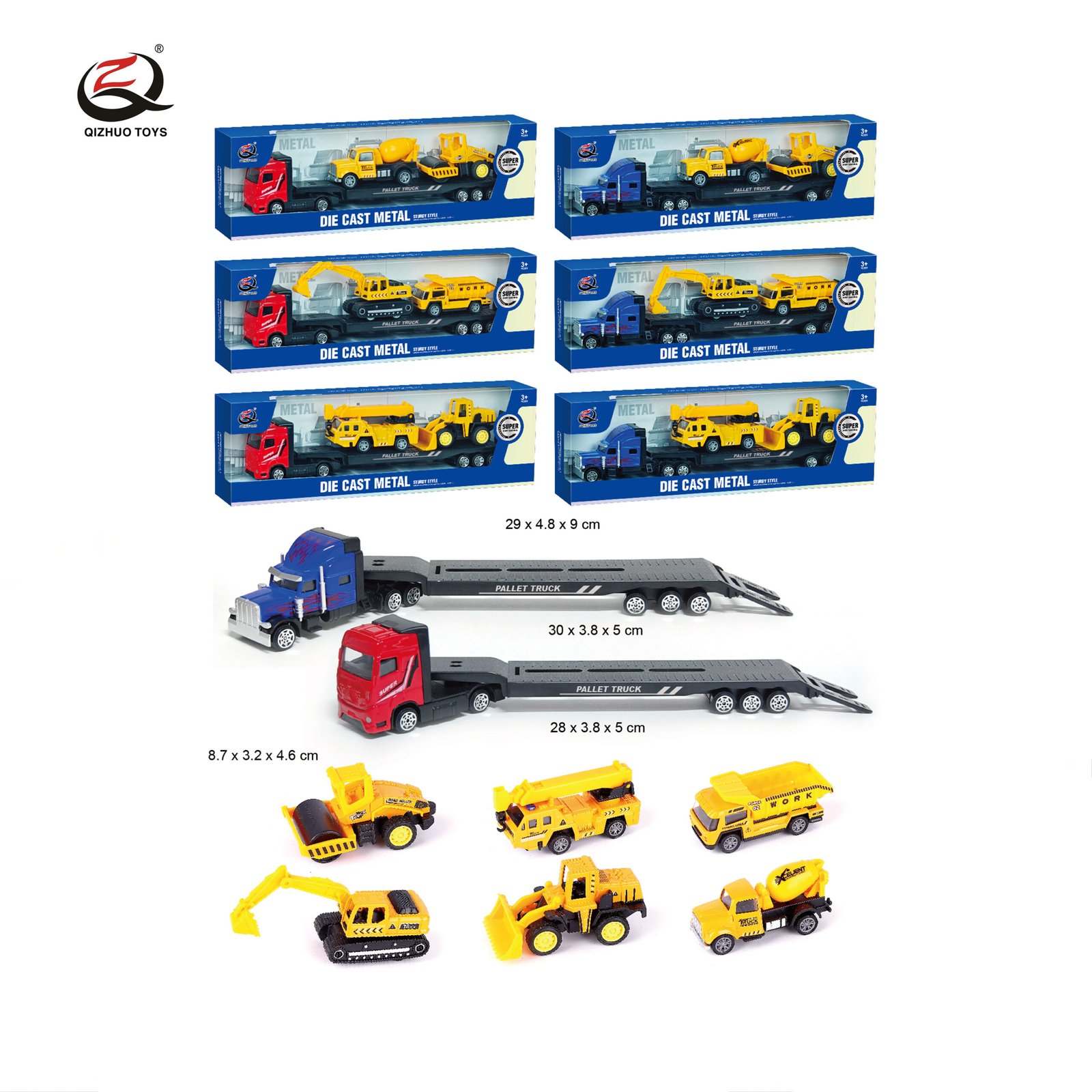 QZ635-C 1:64 Engineering Series Diecast Truck Carrying 2 Pcs Of Alloy Cars, 6 Assorted , All Free Wheel