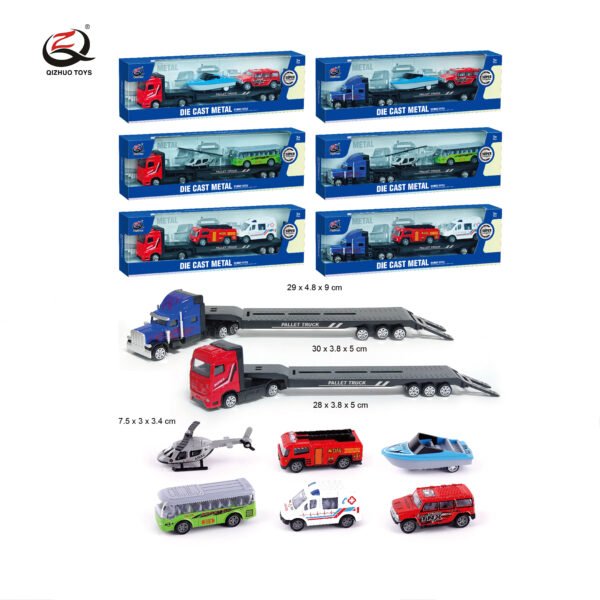 QZ635-D      1:64 City Series Diecast  Truck Carrying 2 Pcs Of Alloy Cars, 6 Assorted , All Free Wheel