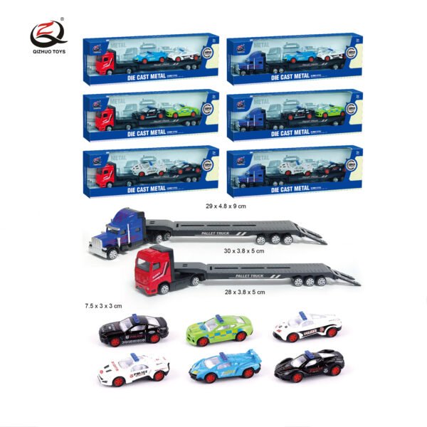 QZ635-E      1:64 Police Series Diecast  Truck Carrying 2 Pcs Of Alloy Cars, 6 Assorted , All Free Wheel