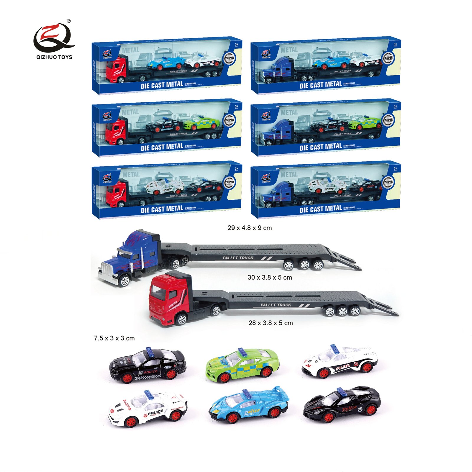 QZ635-E 1:64 Police Series Diecast Truck Carrying 2 Pcs Of Alloy Cars, 6 Assorted , All Free Wheel