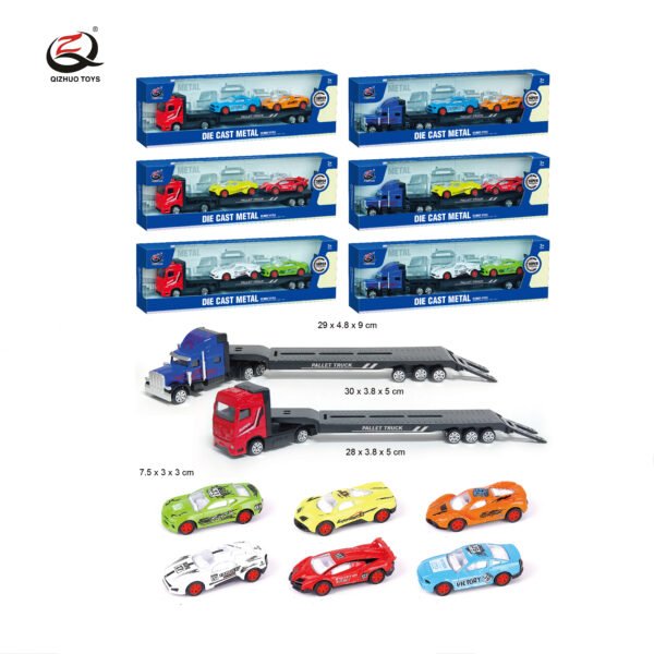 QZ635-F      1:64 Racing  Series Diecast  Truck Carrying 2 Pcs Of  Alloy Cars, 6 Assorted , All Free Wheel