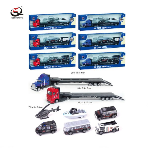 QZ635-G        1:64 Police Series Diecast  Truck Carrying 2 Pcs Of Alloy Cars, 6 Assorted , All Free Wheel