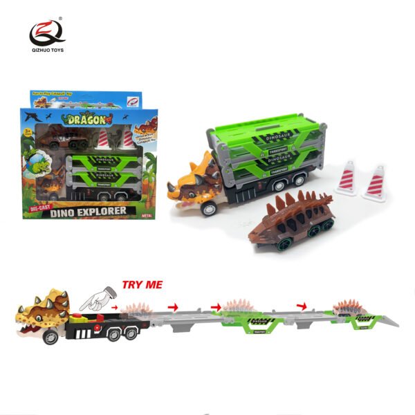 Alloy Triceratops  Rail Truck Set With Catapult, Truck Is Pull Back, Small Car Is Free Wheel