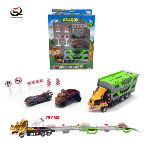 Alloy Triceratops  Rail Truck Set With Catapult, Truck Is Pull Back, 2 Pcs Small Car Is Free Wheel