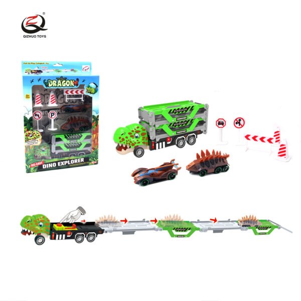 Alloy Tyrannosaurus Rex  Rail Truck Set With Catapult,Truck Is Pull Back, 2 Pcs Small Car Is Free Wheel