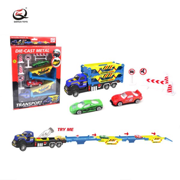 Alloy  Rail Truck Set With Catapult,Truck Is Pull Back, 2 Pcs Small Car Is Free Wheel