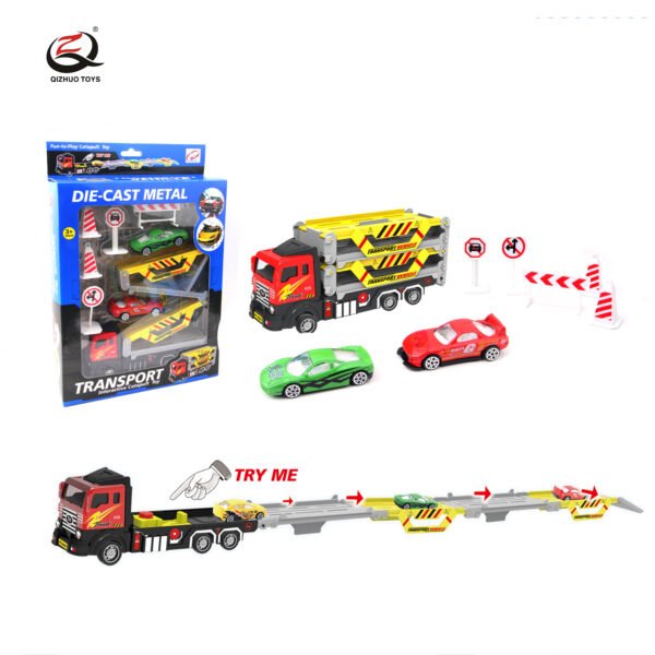 Alloy  Rail Truck Set With Catapult,Truck Is Pull Back, 2 Pcs Small Car Is Free Wheel