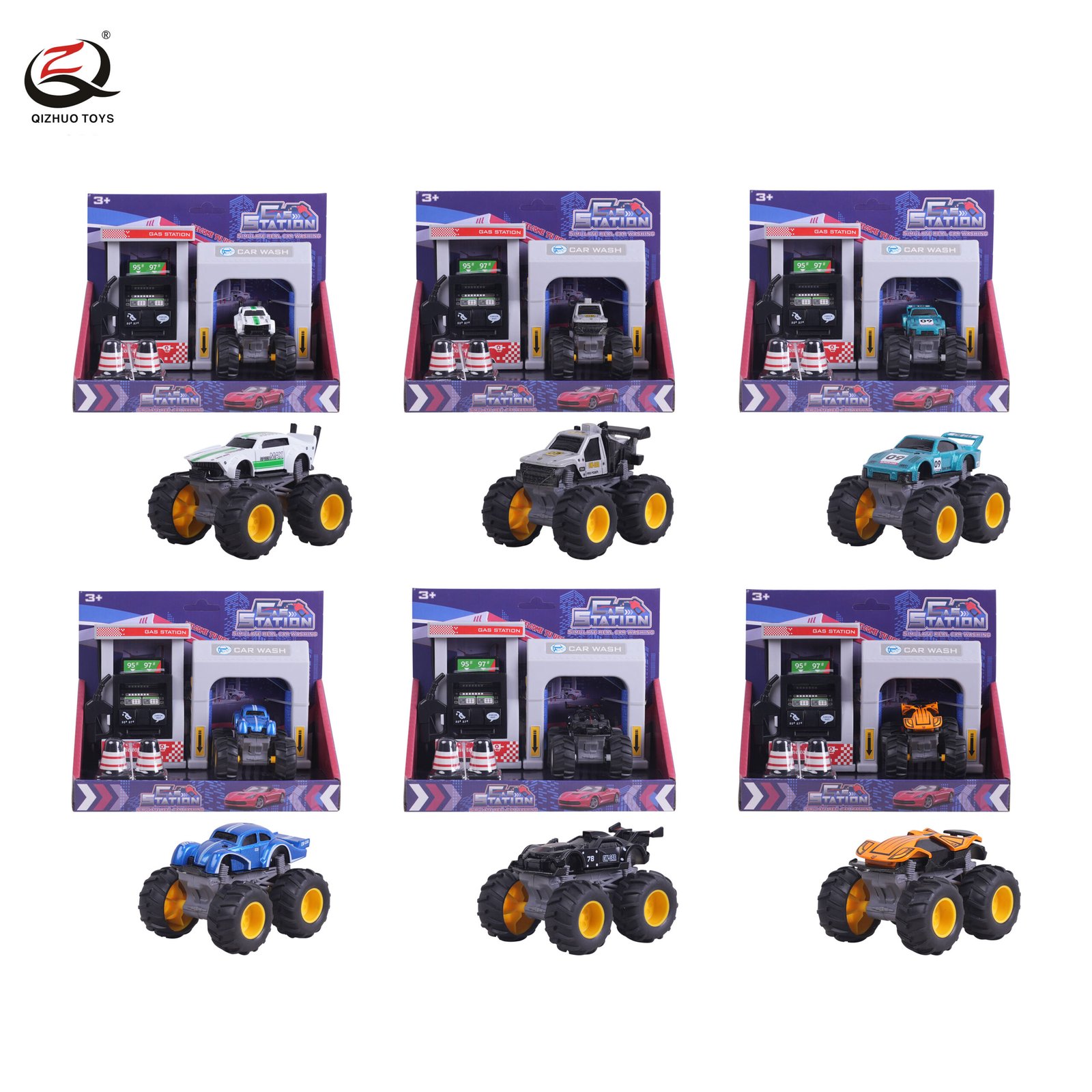Die Cast Big Wheels Off-Road Inertia Vehicle With Gas Station, 6 Assorted, Gas Station With Sound