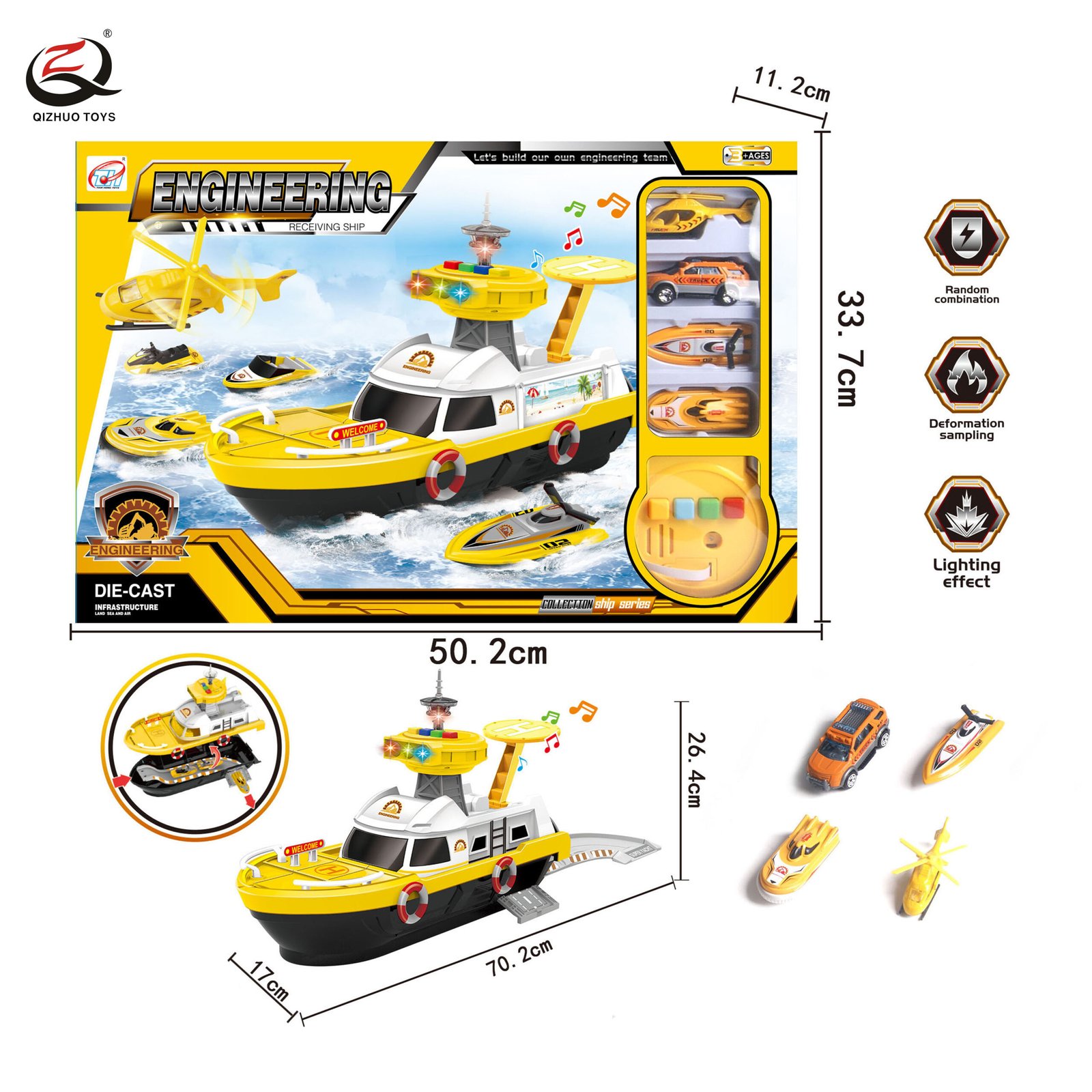Engineering Series Storage Speed Boat With Light And Music, And With Die Cast Cars, Free Wheel , In Cluded Betteries.