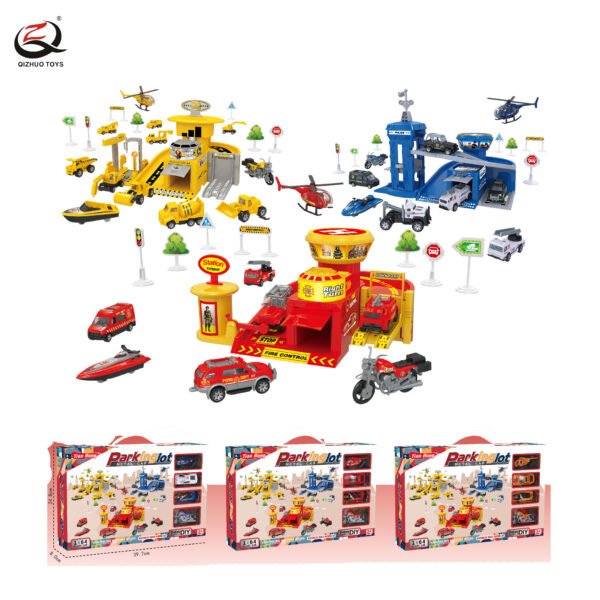 Parking Lot Set With Die Cast Cars, Police/Fire/Engineering Sets Mixed,Free Wheel