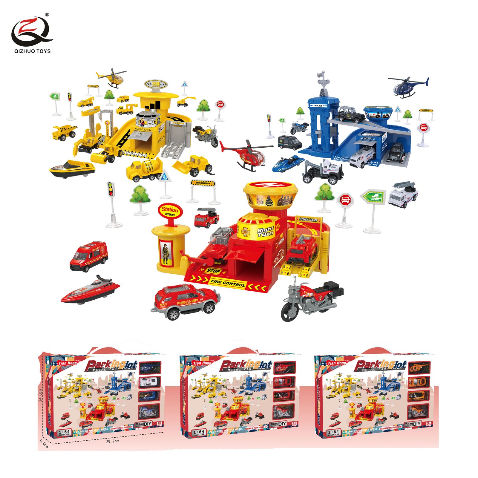 Parking Lot Set With Die Cast Cars, Police/Fire/Engineering Sets Mixed,Free Wheel