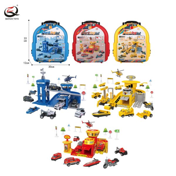 Parking Lot Set With Die Cast Cars In Backpack, Free Wheel , 3 Assortments (Police/Fire/Engineering)