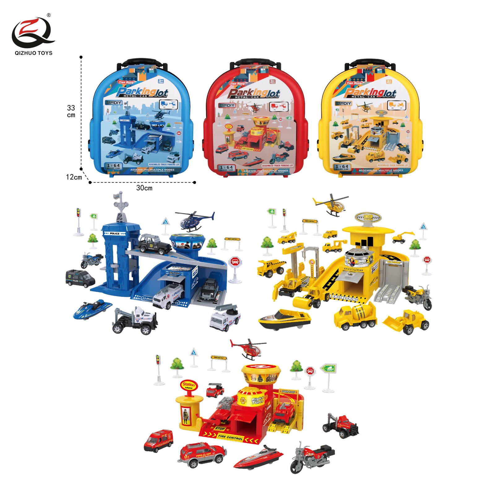 Parking Lot Set With Die Cast Cars In Backpack, Free Wheel , 3 Assortments (Police/Fire/Engineering)