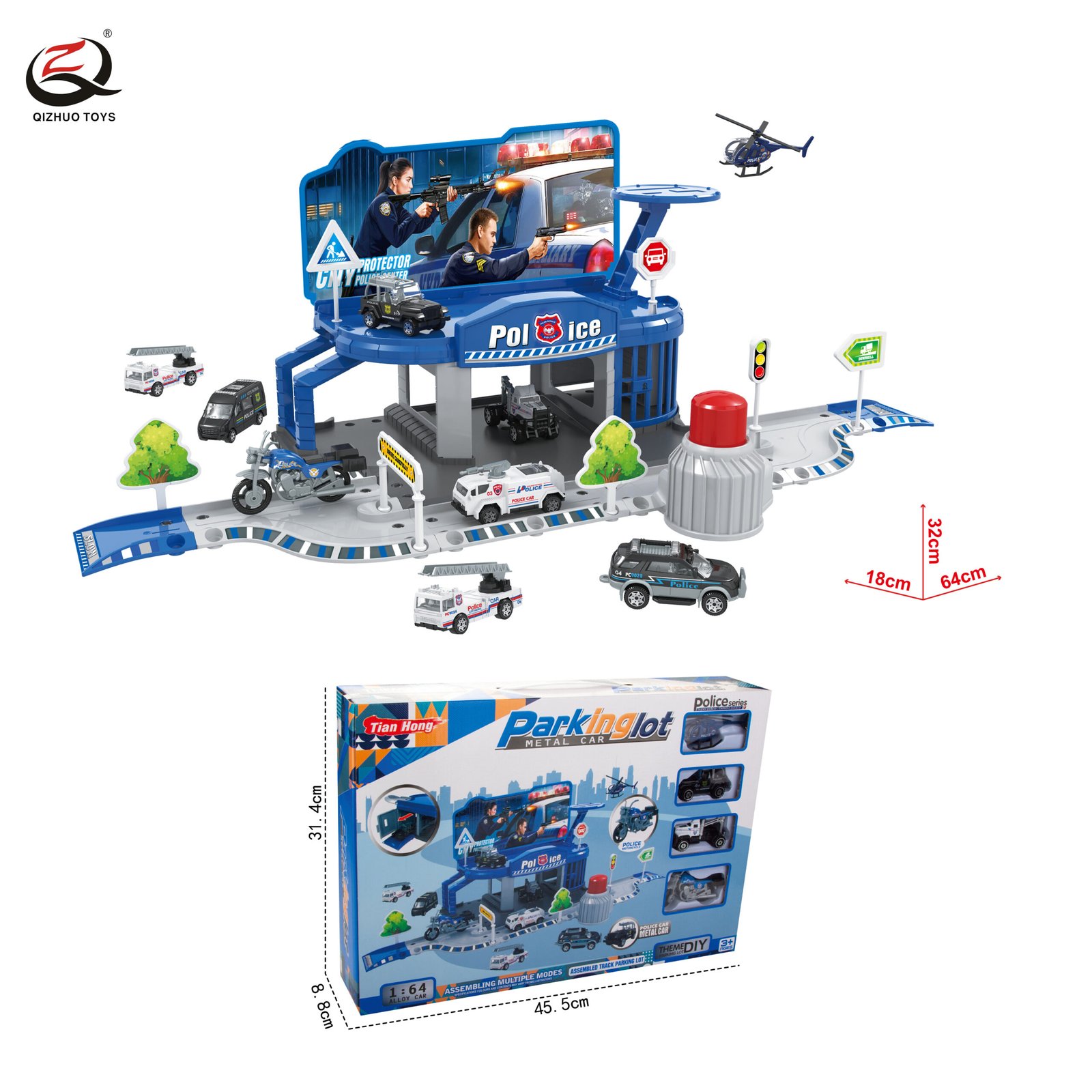 Police Series Parking Lot Set With 4 Pcs Die Cast Cars, Free Wheel ( Random Car Styles)