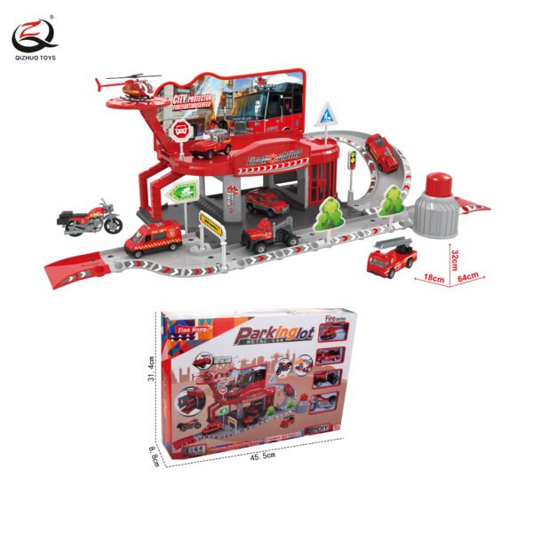 Police Series Parking Lot Set With 4 Pcs Die Cast Cars, Free Wheel,( Random Car Styles)