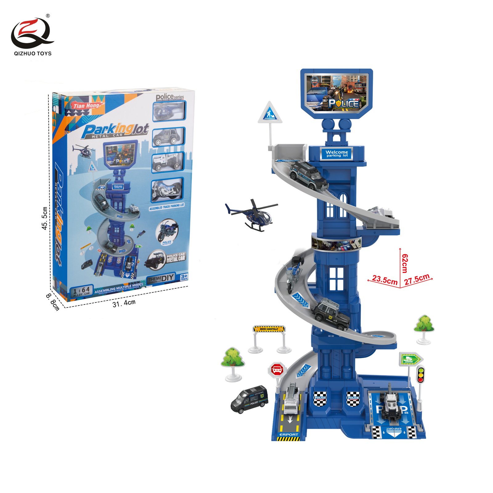 Police Series Track Parking Lot Set With 4 Pcs Dei Cast Cars (Random Car Styles), Free Wheel