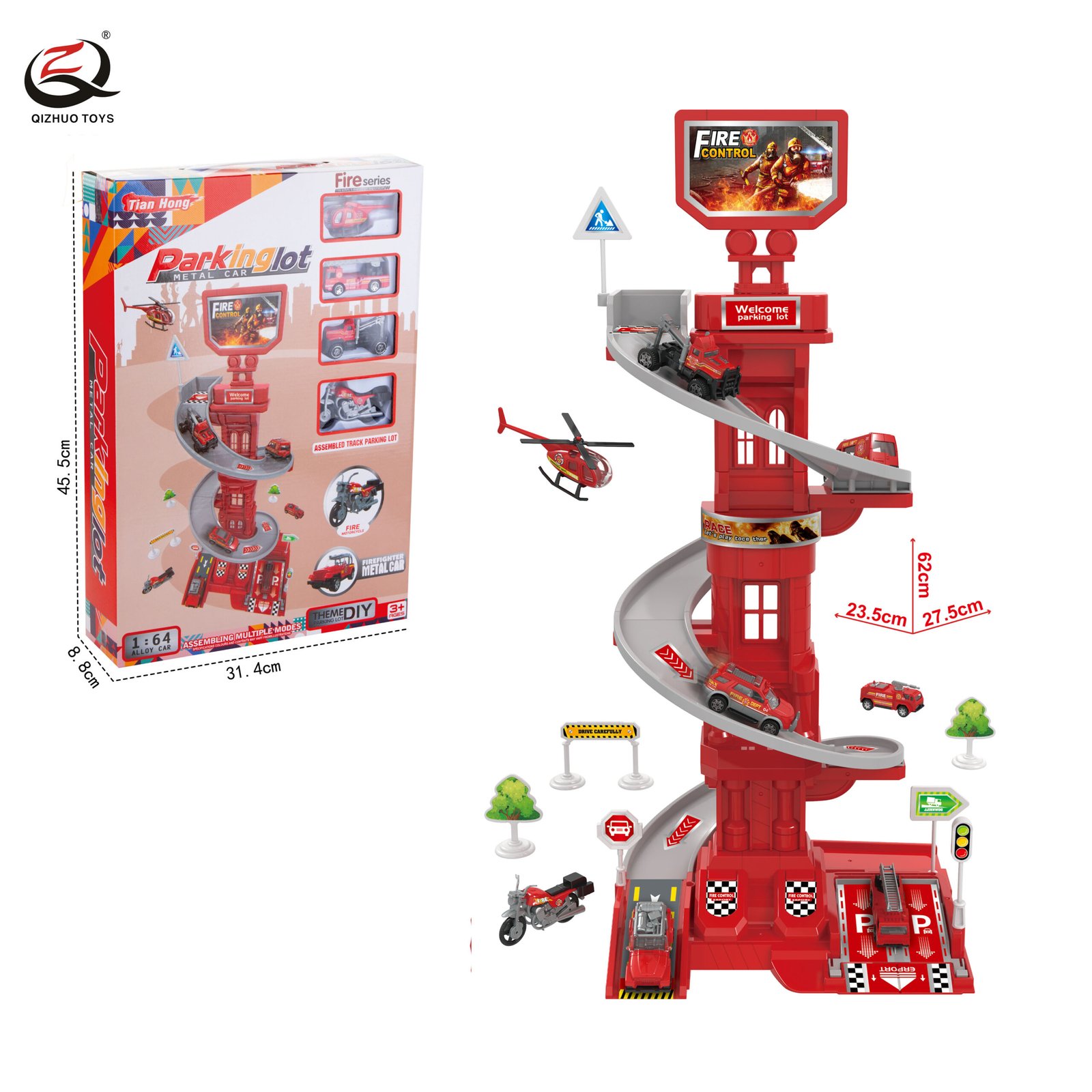 Fire Series Track Parking Lot Set With 4 Pcs Dei Cast Cars (Random Car Styles), Free Wheel