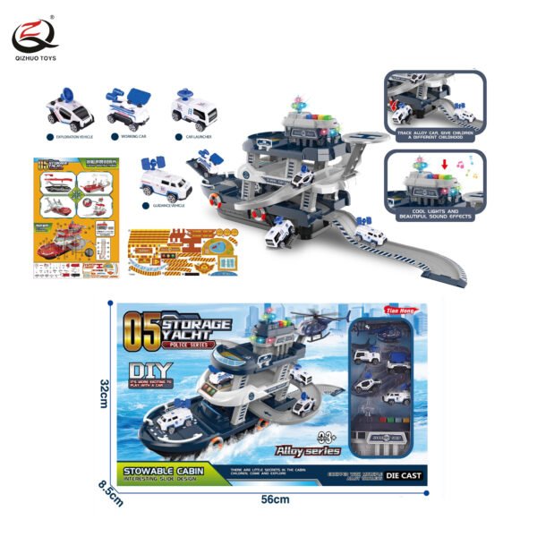 Scale 1:64 Police Series Double Deck Track Yacht With Linght And Music, And With 5 Pcs Die Cast Cars ( Free Wheel), Not Include 2 Pcs Betteries