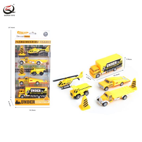 5 Pcs Scale 1:64 Engineering Series Die Cast Truck With Road Cones  , Free Wheel, 3 Assortments