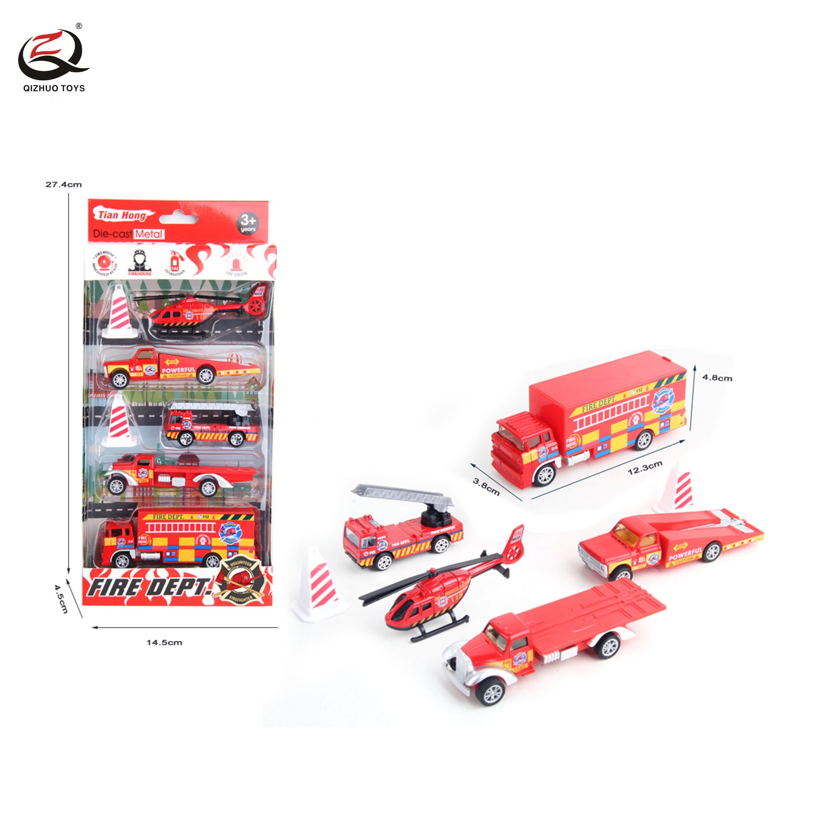5 Pcs Scale 1:64 Fire Series Die Cast Truck With Road Cones , Free Wheel, 3 Assortments