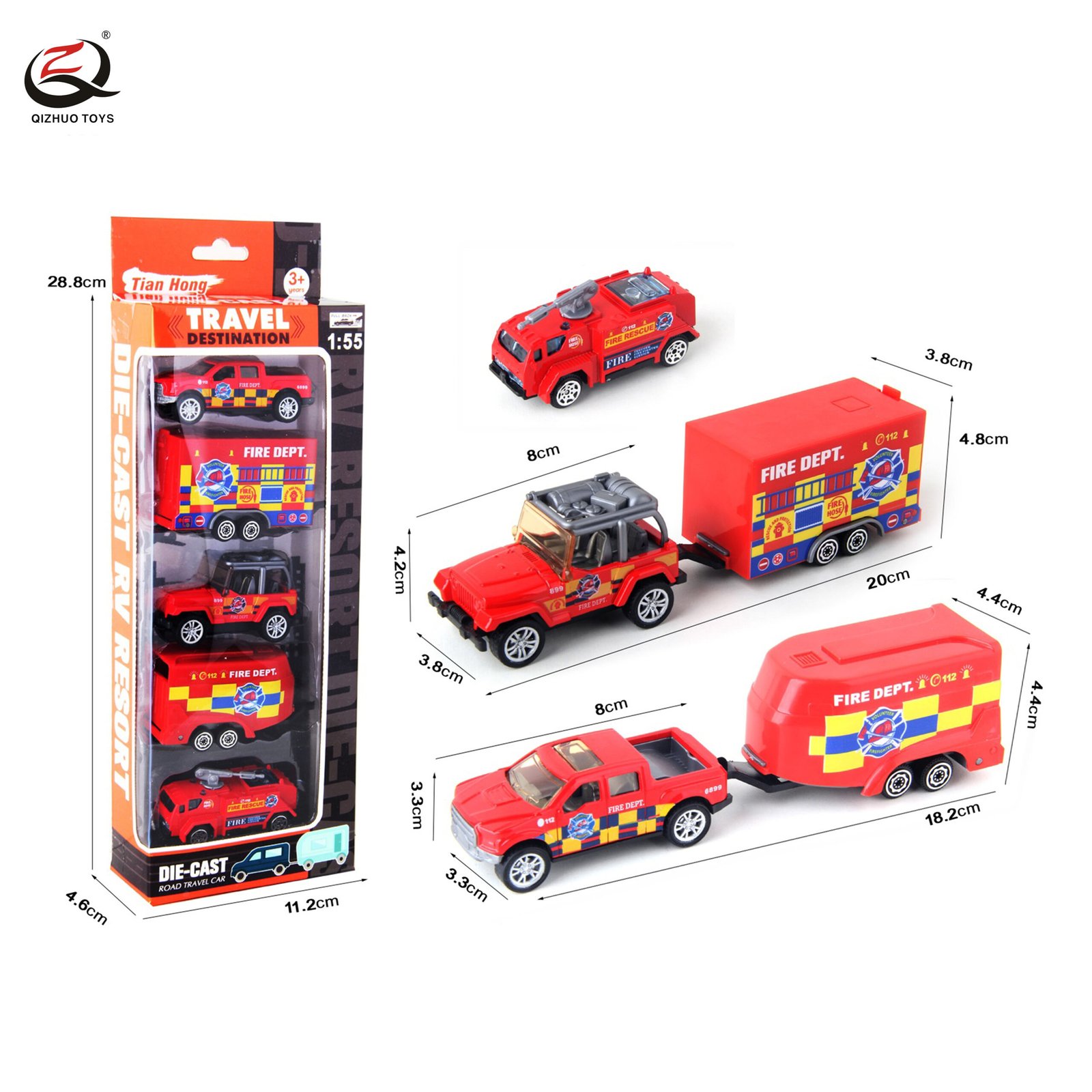 Scale 1:64 Fire Series Die Cast Rv Set, Free Wheel