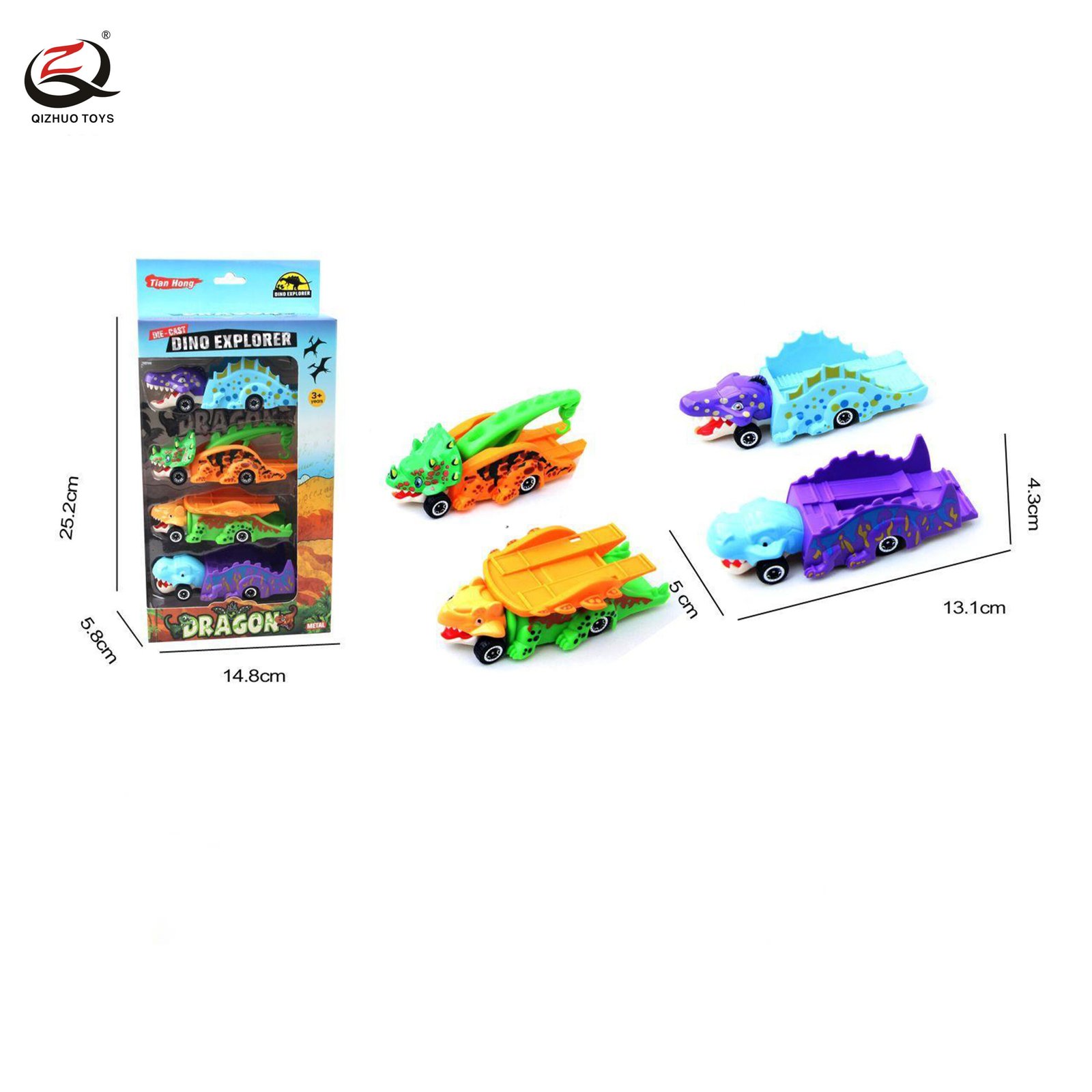 4 Pcs Scale 1:64 Dienosaur Die Cast Cars, Free Wheel
