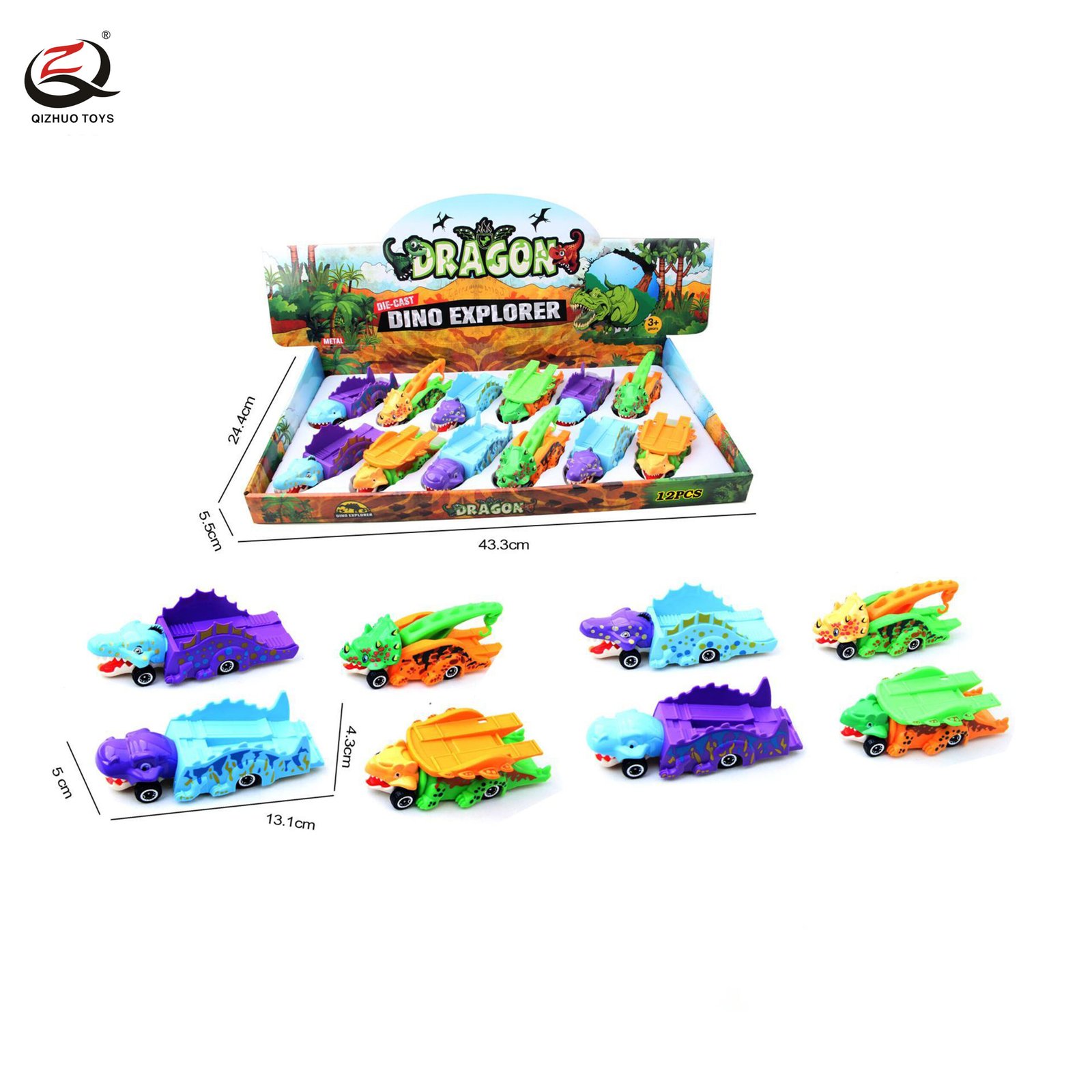 12 Pcs/Pdq  Scale 1:64 Dienosaur Die Cast Cars, Free Wheel,  6 Assortments
