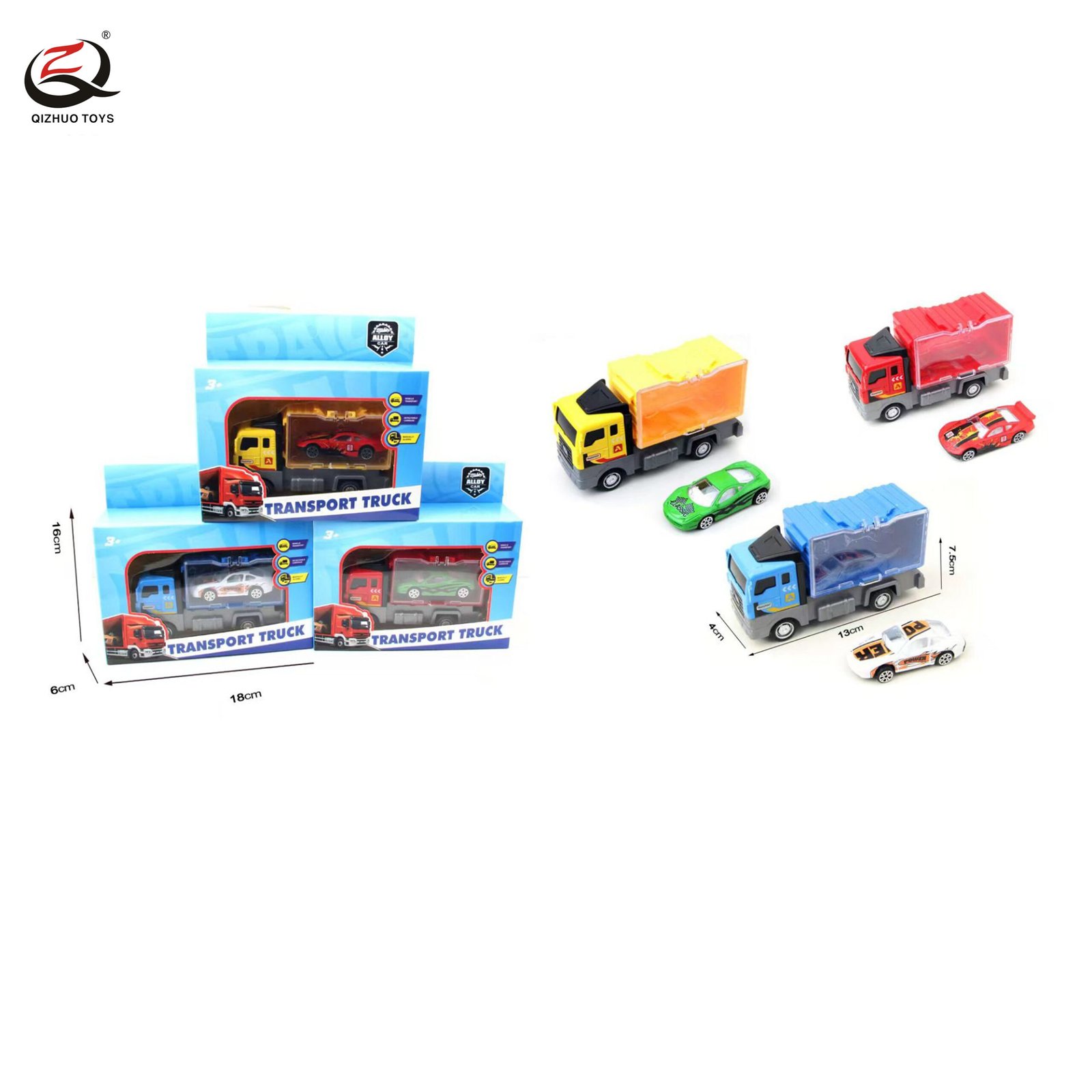 Scale 1:64  Die Cast Truck Carry One Die Cast Car, Free Wheel,  3 Assortments