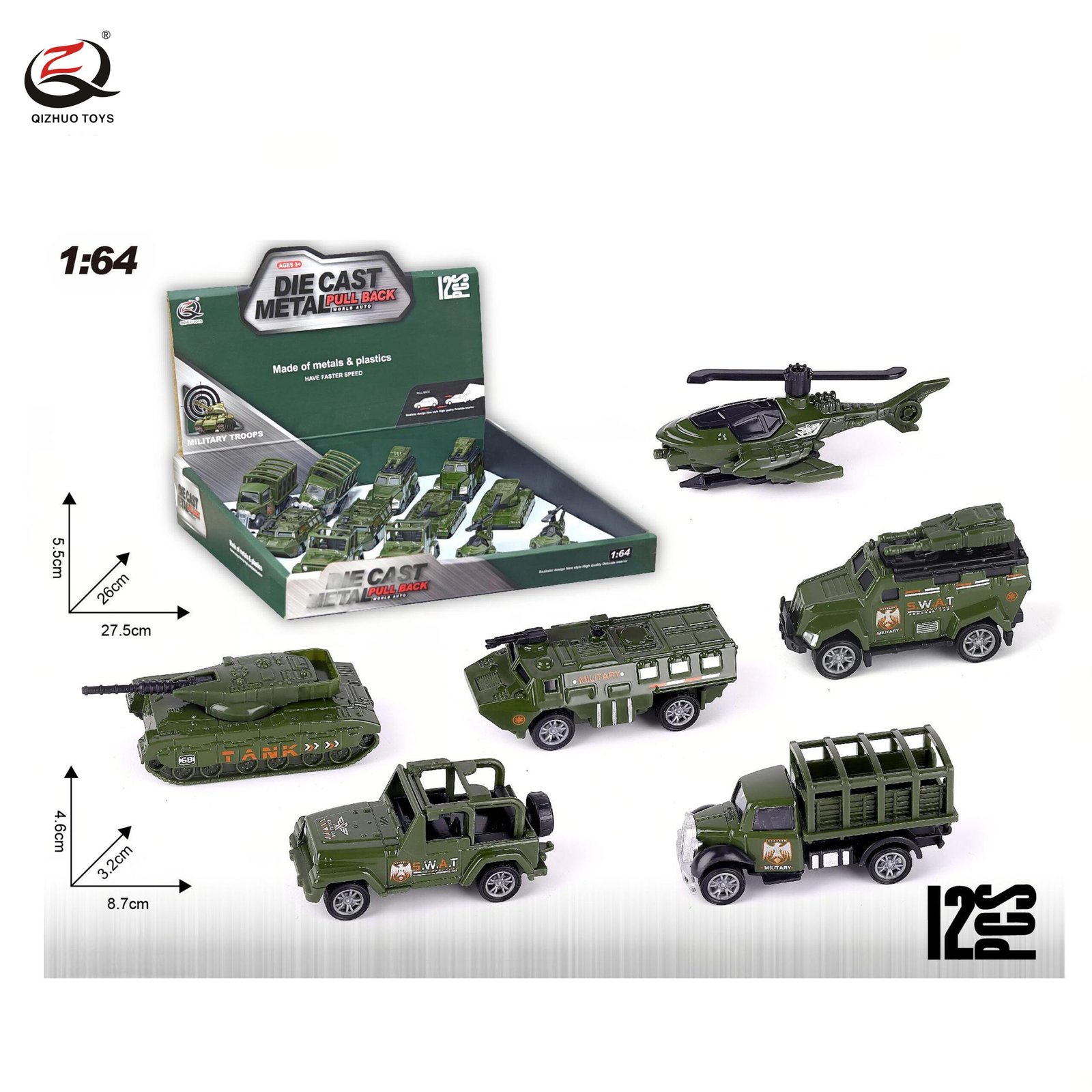 1:64 MILITARY SERIES PULL BACK DIE CAST CARS,12PCS/PDQ ,6 ASSORTMENTS