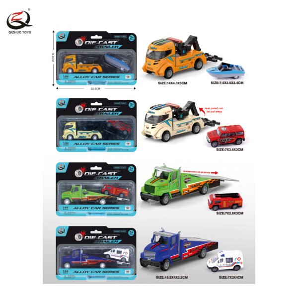 1:64 CITY SERIES PULL BACK DIE CAST TRAILER AND CARS SET, TRAILER AND CARS ARE PULL BACK,4 ASSORTMENTS
