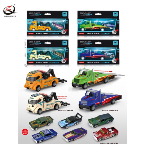 1:64 RESCUE SERIES PULL BACK   DIE CAST TRAILER AND FREE WHEEL CARS SET, 4 ASSORTMENTS (4 SMALL DIE CAST CARS IN RANDOM FROM THE 6 STYLES)