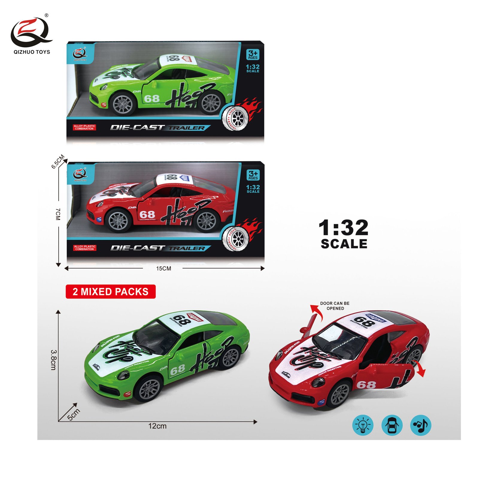 1:32 DIECAST PULL BACK CAR, WITH LIGHT/SOUND, CAN OPEN THE DOORS, 2 ASSORTED