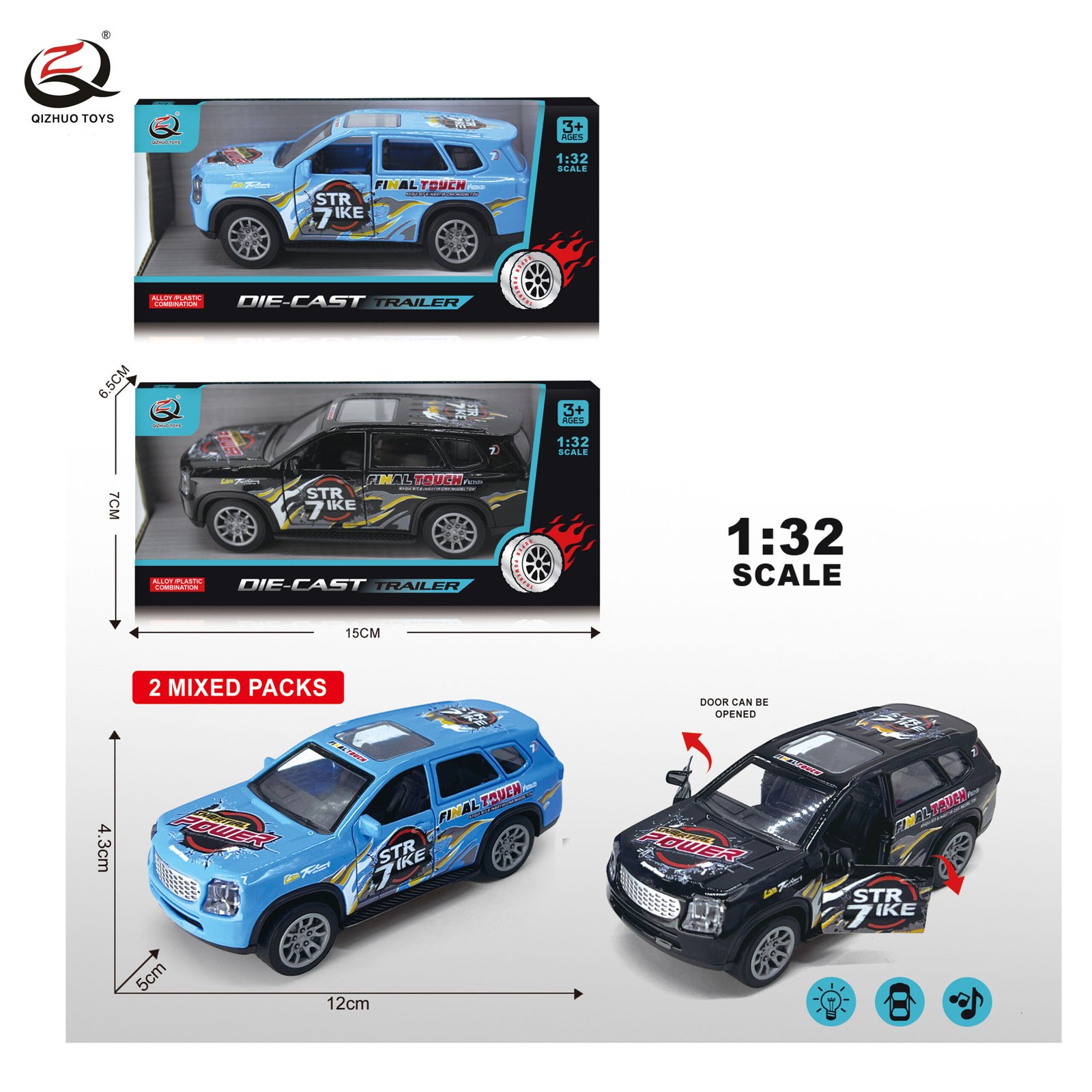 1:32 DIECAST PULL BACK CAR, WITH LIGHT/SOUND, CAN OPEN THE DOORS, 2 ASSORTED