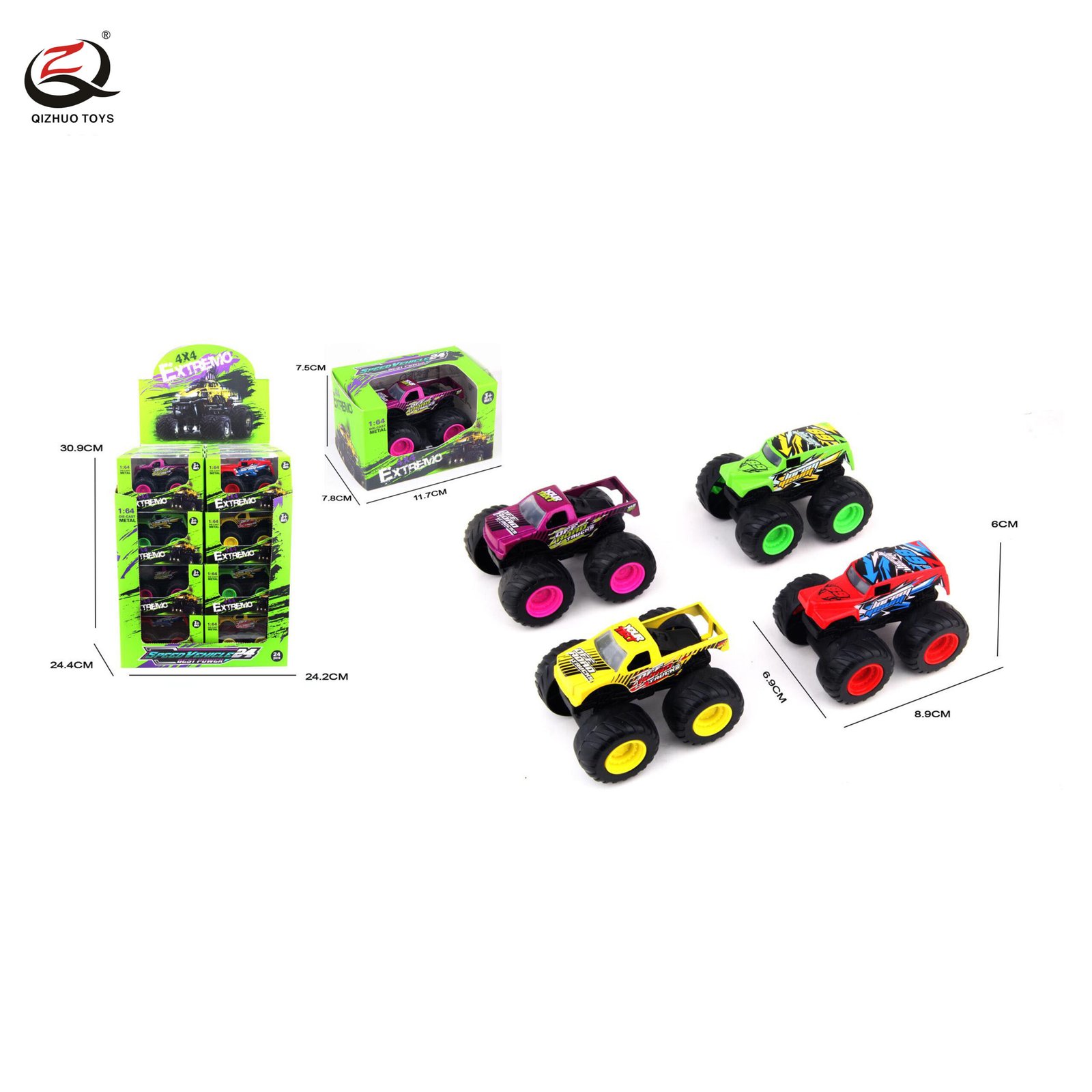 1:64 DIE CAST BIG WHEELS TRUCKS, 4 ASSORTED, FREE WHEEL, 24PCS/PDQ