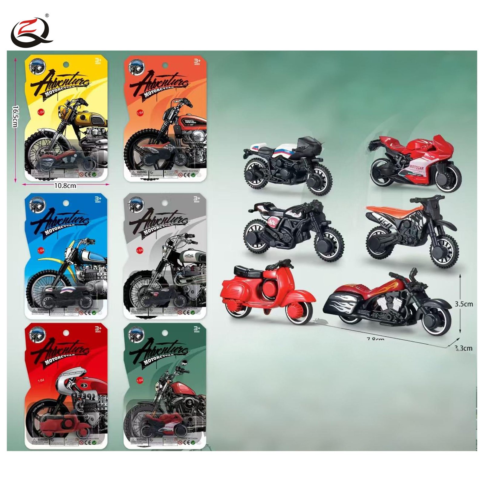 1:64 DIE CASTMOTORCYCLE, 6 ASSORTED, FREE WHEEL